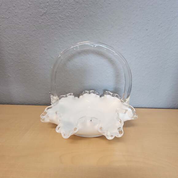 Fenton Other - Vintage Fenton Milk Glass Ruffled Edge Basket with Clear Handle